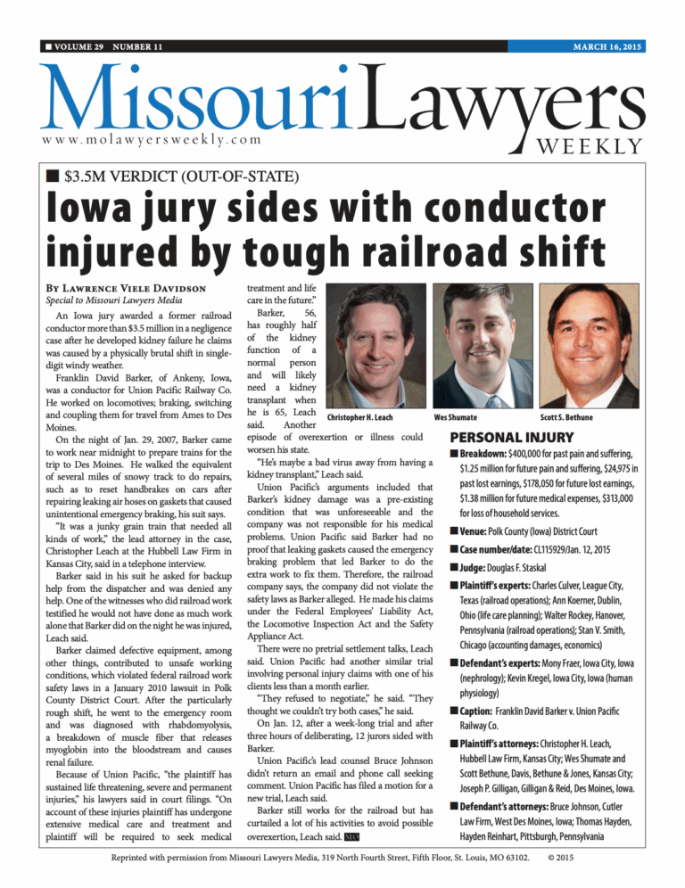 Davis, Bethune & Jones Wins $3.5M Verdict for Conductor Injured by Exhaustive Rail Shift
